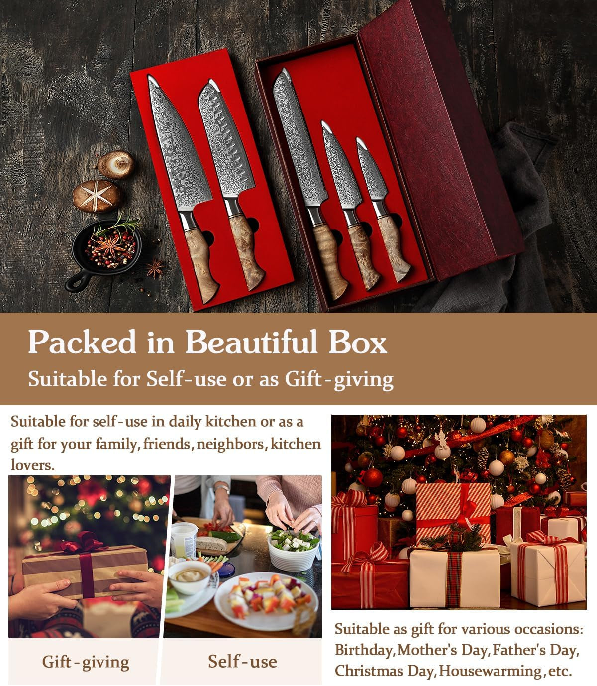 HEZHEN Damast Messer Set 5PCS, Japanischen Stil Damaskus Stahl Küchenmesser Santoku, Brot Universalmesser Schälmesser, Holzgriff