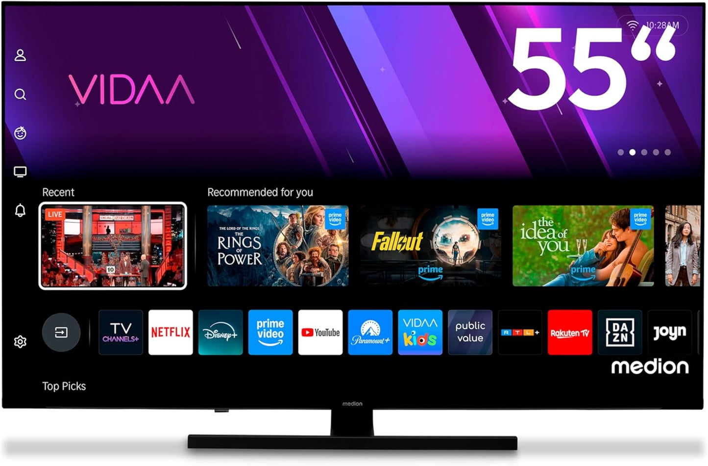 MEDION 138,8 Cm (55 Zoll) QLED Fernseher (Smart-Tv, Dolby Vision HDR, VIDAA Store, Prime Video, Disney+, DAZN, Paramount+, DTS X, Dolby Atmos, PVR, Bluetooth, MD 855600)