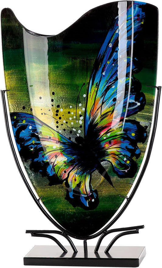 Glas Art Bodenvase Schmetterling - Glas - Blau Grün - Höhe 57Cm X Breite 35Cm - Handbemalt Und Nicht Wasserdicht