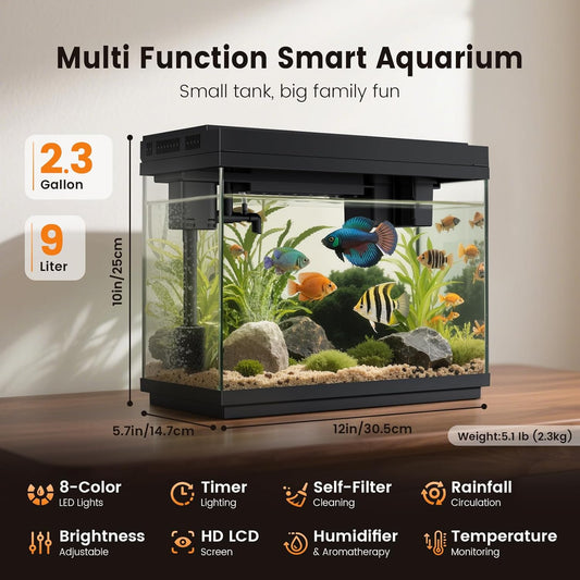 Fishkeeper Nano Aquarium Komplettset, 9L Mini Aquarium Starterset Mit LED, 4-In-1 Smart-Aquarien Selbstreinigende Pumpe & Filter, Klein Aquarien Set Komplett Mit Aromatherapie, Temperaturanzeig, Timer