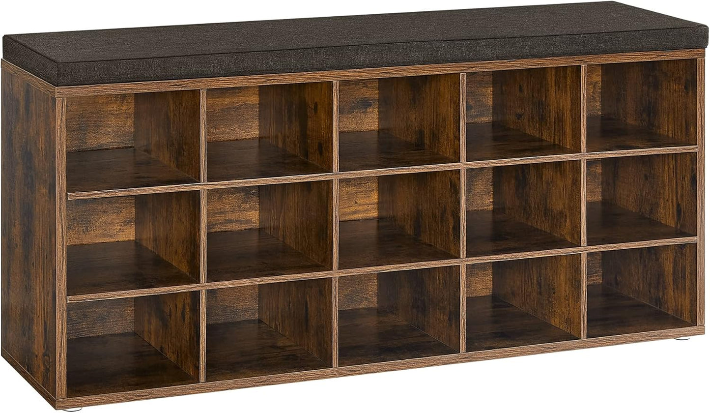 VASAGLE Schuhbank, Schuhregal Mit Sitzfläche, Sitzbank Mit Stauraum, Kissen, 15 Fächer, Für Wohnzimmer, Flur, 30 X 105 X 48 Cm, Vintagebraun-Kastanienbraun LHS15BX