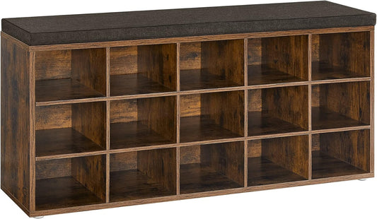 VASAGLE Schuhbank, Schuhregal Mit Sitzfläche, Sitzbank Mit Stauraum, Kissen, 15 Fächer, Für Wohnzimmer, Flur, 30 X 105 X 48 Cm, Vintagebraun-Kastanienbraun LHS15BX