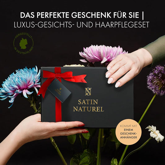 Satin Naturel Valentinstag Geschenkset Für Sie – Skincare Routine Mit Aloe Vera Gel, Arganöl, Vitamin C Serum, Hyaluron Serum & Retinol Creme – Vegan in Luxus Geschenkbox - Premium Edition