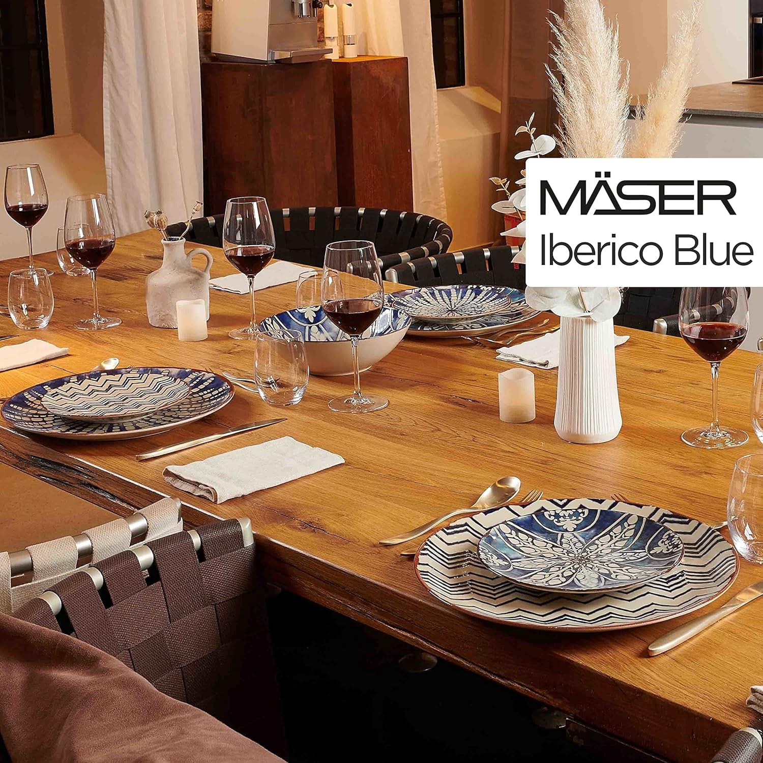 MÄSER 934017 Iberico Blue 12-Teiliges Tafelservice Für 4 Personen Im Maurischen Stil, Teller Set Mit Verschiedenen Vintage Mustern in Weiß Und Blau, Steinzeug