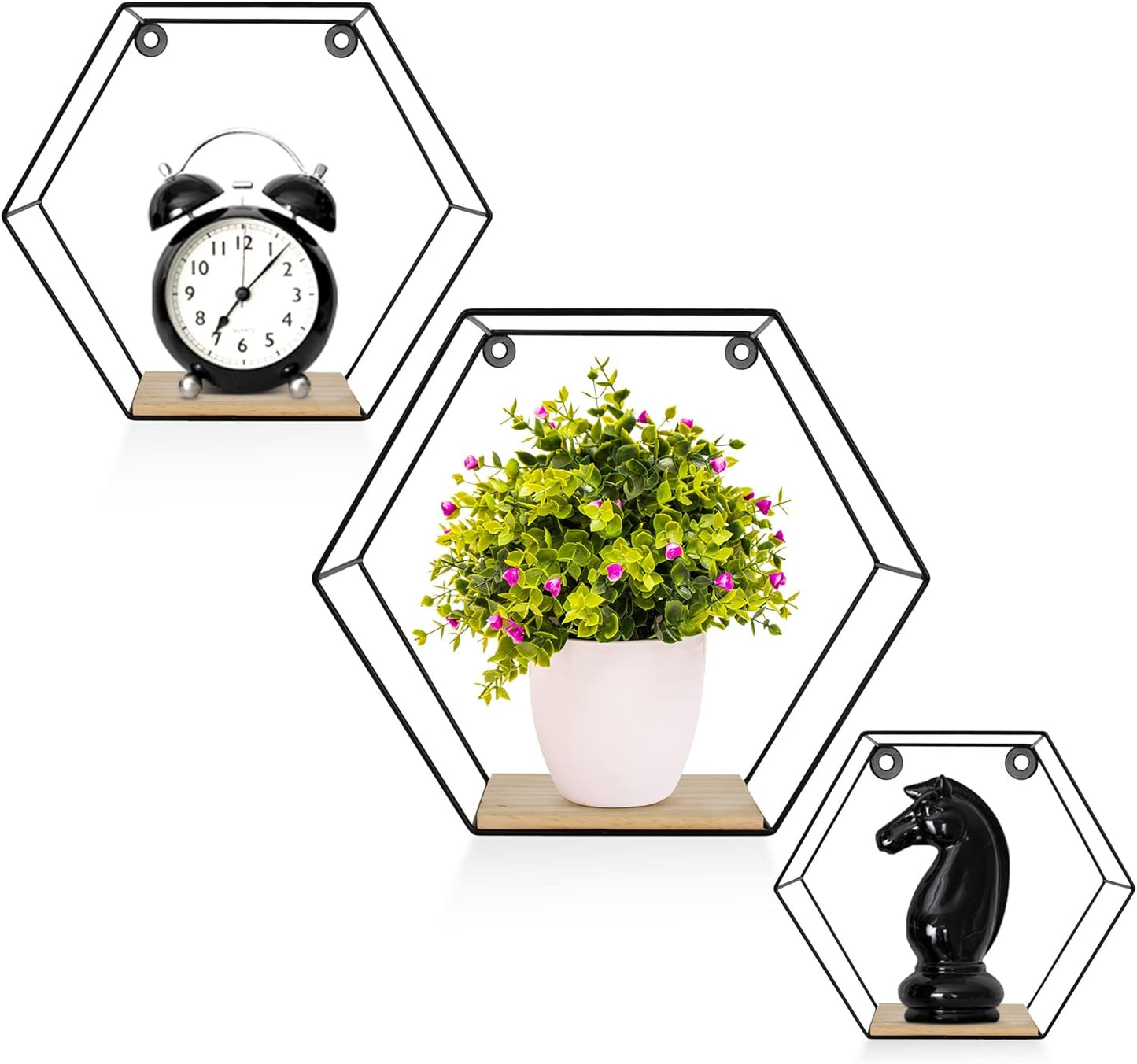 3Er Hexagon Wandregal Set, Schwarze Metall Schweberegale Mit Holzablage, Modernes Wabenregal Für Wohnzimmer, Schlafzimmer, Küche & Büro, Stabiles Stahlrahmen Regal Mit Schrauben & Montagezubehör