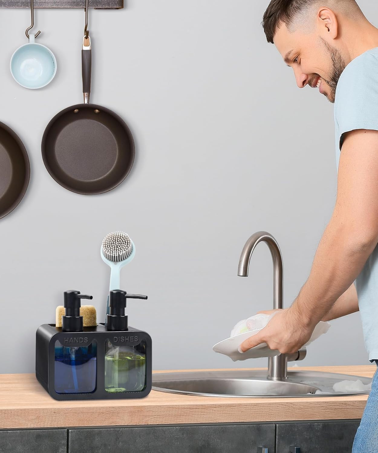 Küchenhandseifen- Und Spülseifenspender-Set, Doppelseifenspender Mit Schwammablage Und Bürstenhalter, 4-In-1-Organizer Für Küchenspüle, Arbeitsplatte, Nützliche Küchenhelfer, Schwarz