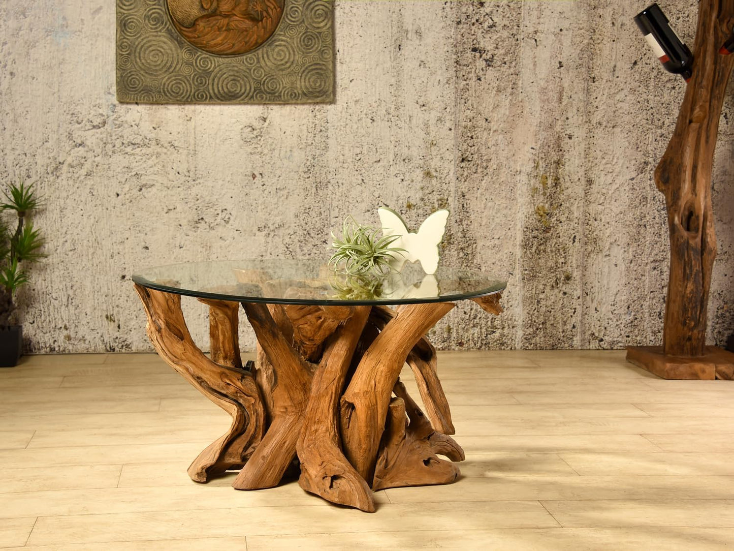 Koroba Couchtisch Sofatisch Wurzelholz Wohnzimmertisch Mit Glasplatte