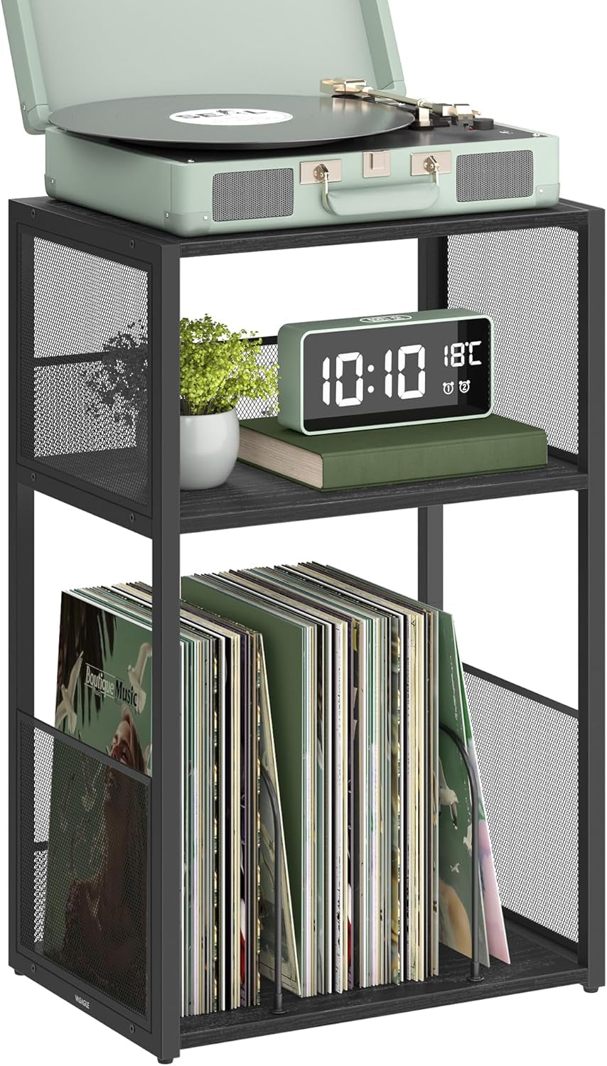 VASAGLE Plattenspieler-Ständer, 3 Etagen, Beistelltisch, Aufbewahrung Von Schallplatten, Bis Zu 100 Alben, Tisch Für Wohnzimmer, Schlafzimmer, Ebenholzschwarz LET275B01
