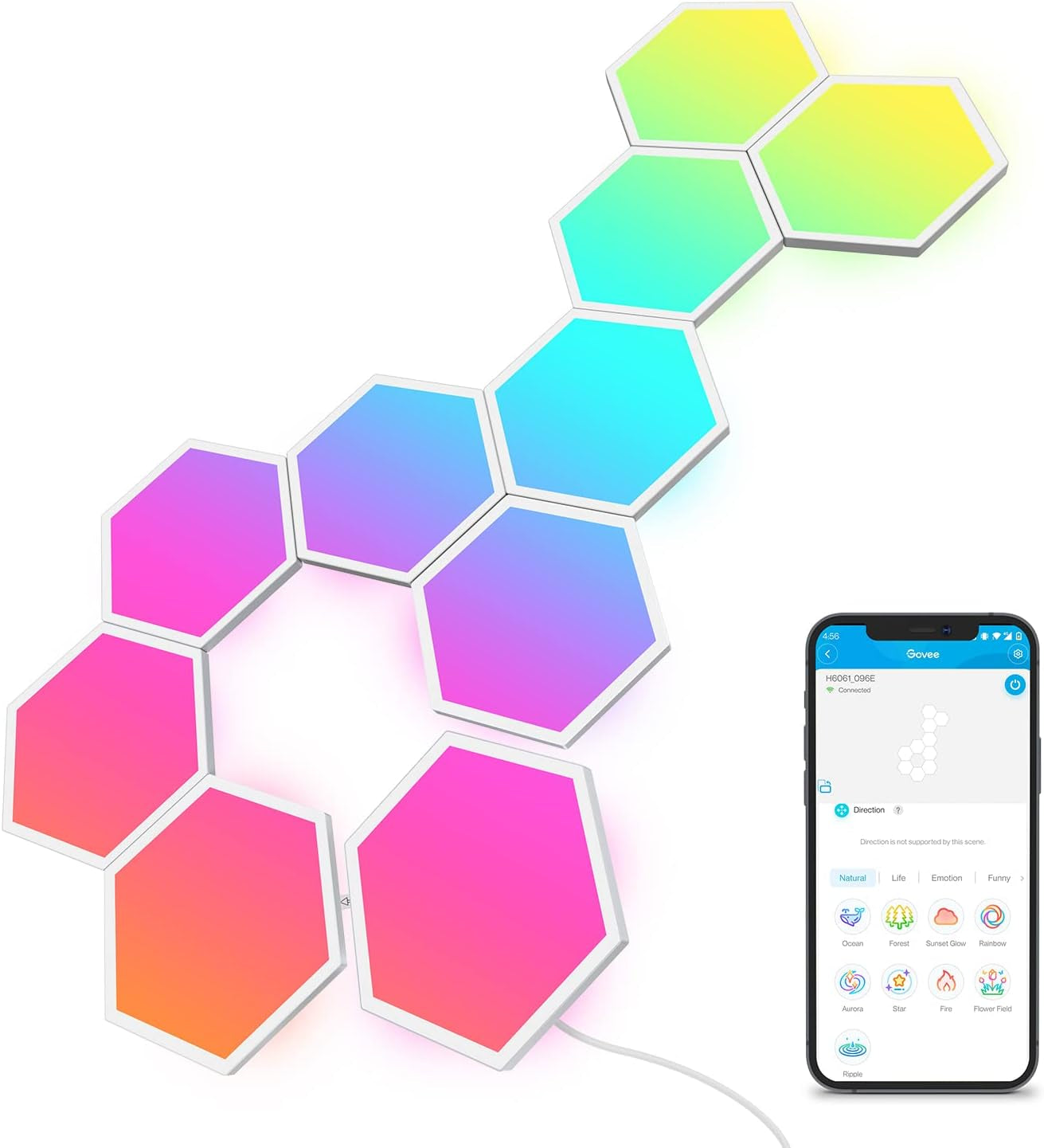 Govee LED Sechseck Hexagon Panel Gaming,10 RGBIC Smart Wandleuchte Funktioniert Mit Alexa, Google Assistant, Kreative Dekorative Wi-Fi, Musik Sync Für Gaming Beleuchtung & Zimmer Deko