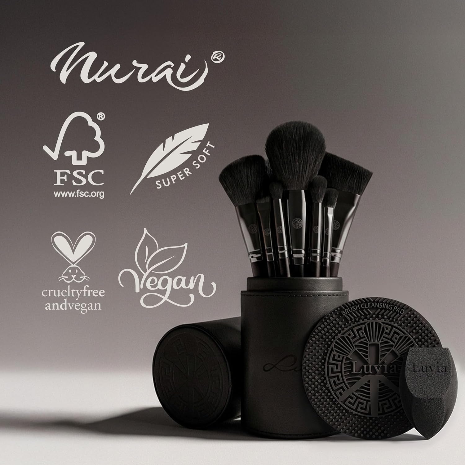 Make-Up Pinselset 15-Teilig Vegan | 12 Profi Schminkpinsel | Inkl. Blender, Reinigungsmatte & Pinselaufbewahrung Aus Veganem Leder | Prime Vegan Black | Schwarz | Luvia