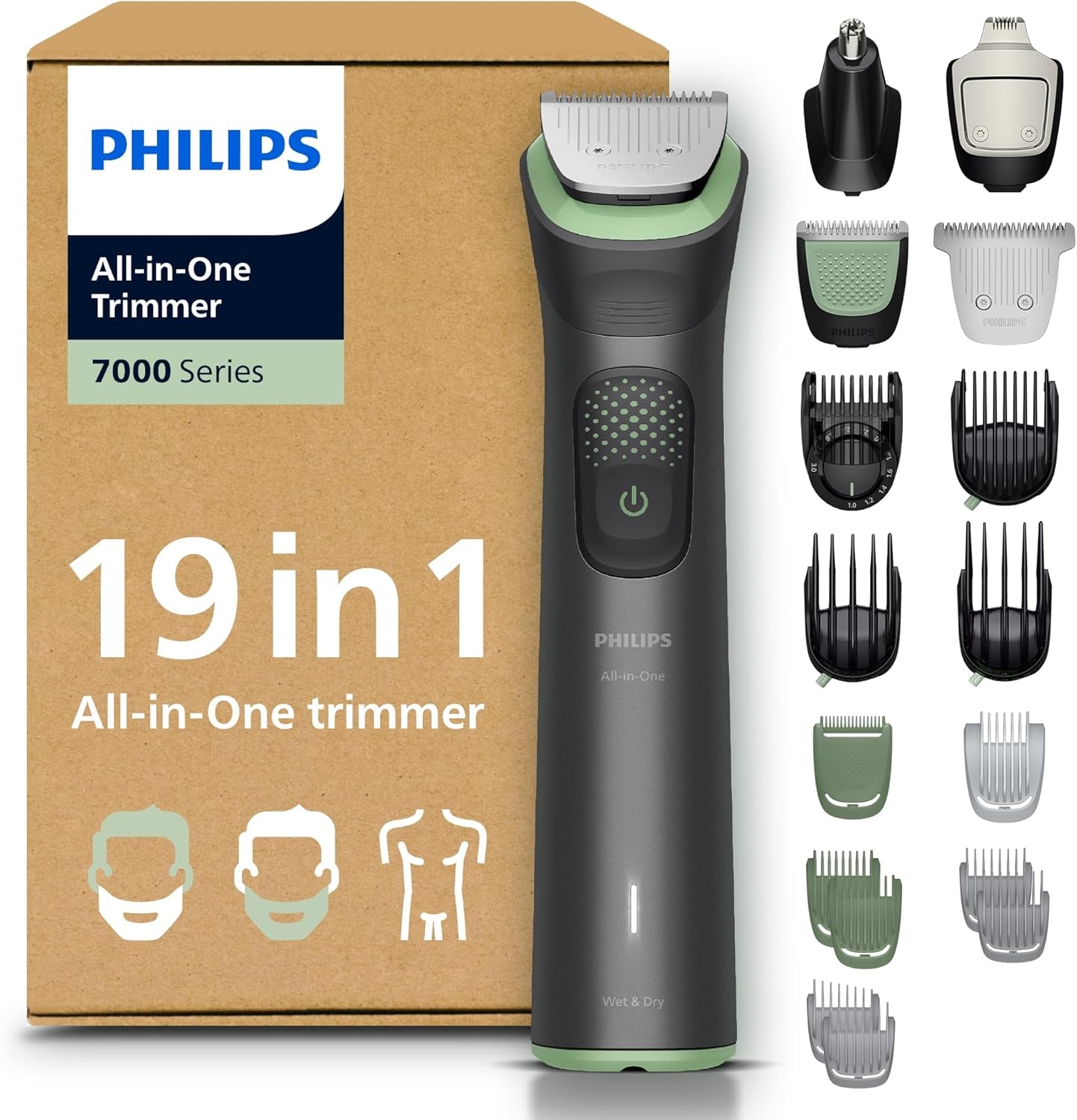 PHILIPS Multigroom 7000 Für Herren - All-In-One 19-Teiliger Barttrimmer Und Haarschneider Für Gesicht, Kopf Und Körper, Selbstschärfende Klingen, 26 Längeneinstellungen (0,5-20 Mm), MG7962/30