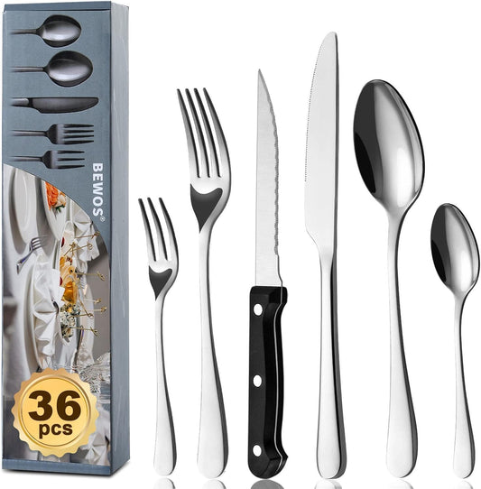 BEWOS 36-Teiliges Besteck Set Mit Steakmesser Service Für 6, Premium-Edelstahl-Bestecksets Für Haus & Küche, Hochwertiges Messer-Löffel-Gabel-Besteck-Set Hochglanzpoliert, Spülmaschinenfest