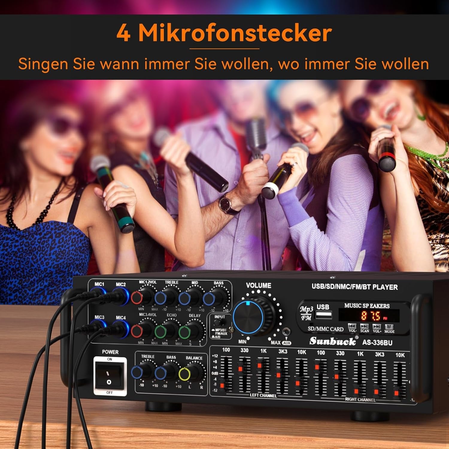 Areyourshop Hifi Verstärker Stereo Pa Endstufe Mit Bluetooth 5.0 2000W Audio Receiver Karaoke FM USB SD AUX, Vorverstärker Hifi 5-Band-Eq-Mixer, 4 Mikr, Verstärker Mit Boxen, Tuner Hifi Stereo
