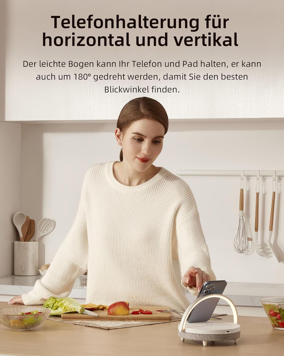 EZVALO LED Nachttischlampe Mit Ladefunktion, 4-In-1 Touch Dimmbar Nachtlicht, Bluetooth Lautsprecher, Kabelloser Ladefunktion, Telefonhalterung, Tischleuchte Für Frauen, Weihnachten, Geburtstag