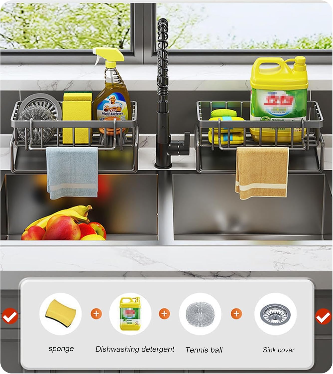 Spüle Küchen Organizer, Spülbecken Organizer Mit Selbstentleerender Ablaufwanne for Schwammhalter, Handtuchhalter, Spültuchhalter, Super Organizer Für Küche Und Badezimmer. (Schwarz)