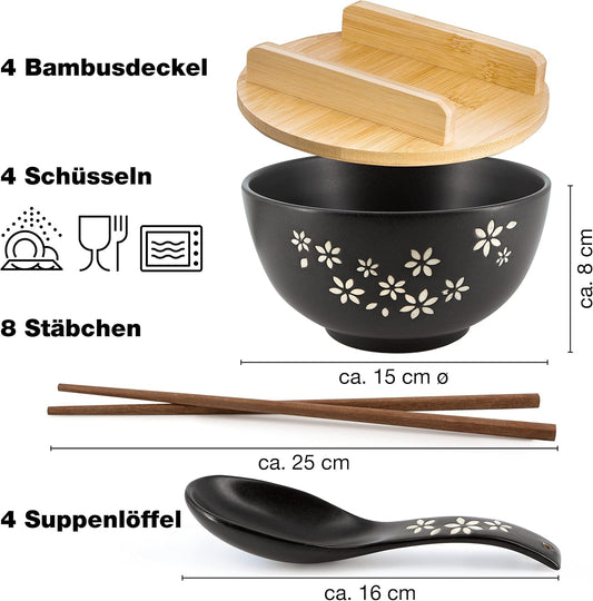Moritz & Moritz 4X Ramen Schüssel Keramik - 600 Ml - 15 Cm Ø - Schwarzes Ramen Bowl Set Für 4 Personen - Für Suppe, Pho Und Sushi Bowl - Inkl. Stäbchen, Deckel Und Löffel