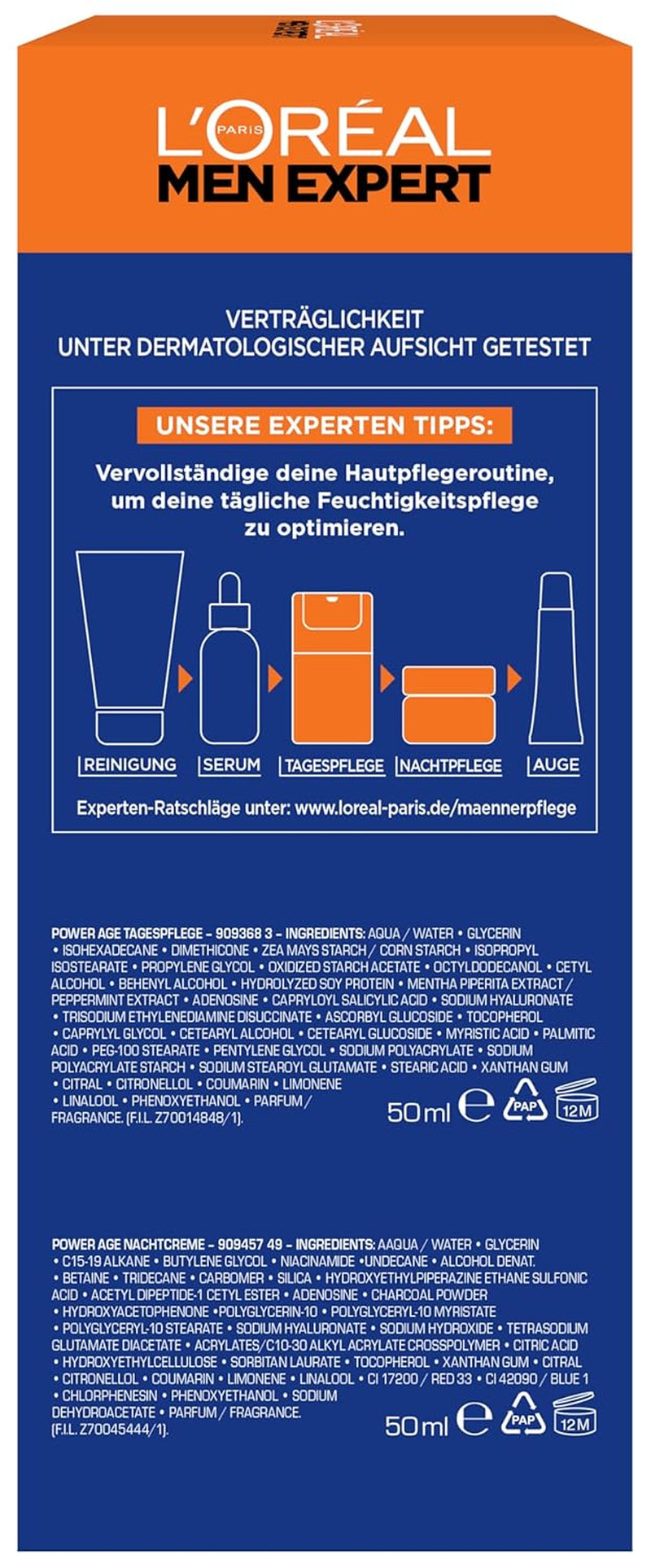 L'Oréal Men Expert Pflegeset Gegen Falten Für Männer, Geschenkset Mit Anti-Aging Tagescreme Und Nachtcreme Gegen Matte Haut, Geschenke Für Herren Mit Hyaluronsäure, Power Age, 2 X 50 Ml
