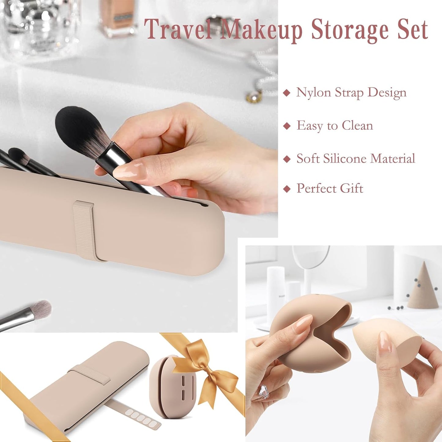 Travel Essentials Make up Tasche Silikon, 1Stk Make up Pinsel Aufbewahrung Und 1Stk Beauty Blender Case, Leicht Zu Reinigen, Weich Und Tragbar, Für Reisen (Khaki)