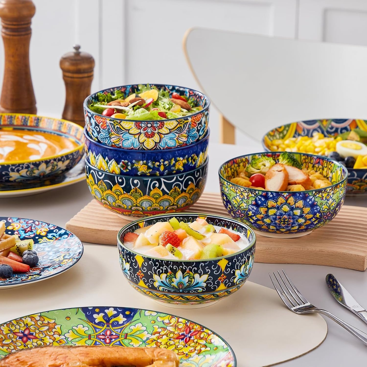 Vancasso 24-Teiliges Geschirrset Aus Porzellan, Tafelservice 6 Personen Mit Speiseteller, Dessertteller, Suppenteller Und Schalen, Mikrowellen- Und Spülmaschinenfest, Boho Kombiservice, Series SIMI