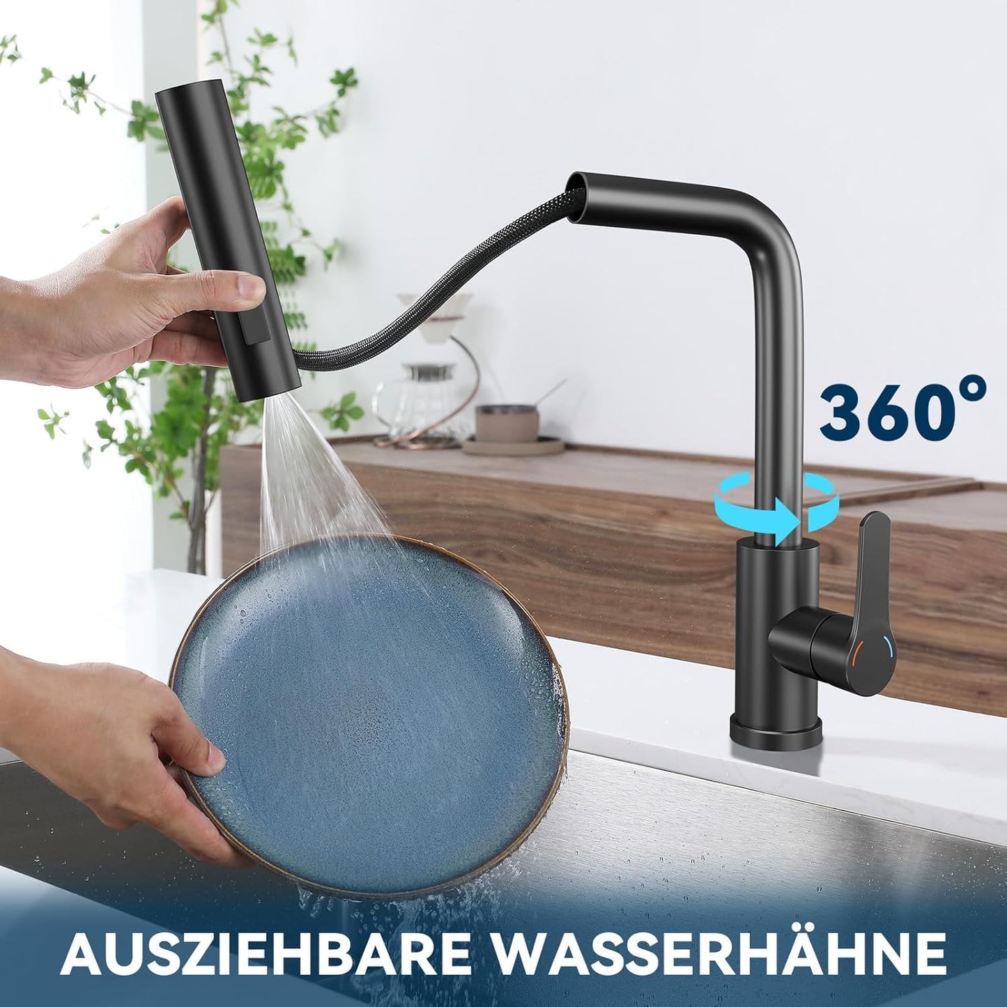 Wasserhahn Küche Küchenarmatur Schwarz - Waterfall Spültischarmatur Ausziehbar Mit Brause Mischbatterie Spüle 360° Drehbar Armatur Edelstahl Mit 3 Strahlarten Küchenwasserhahn