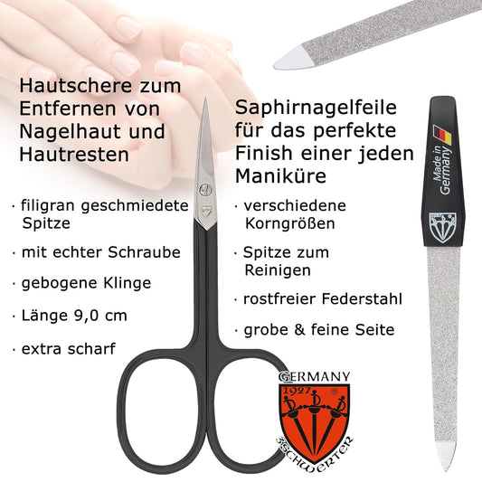 DREI SCHWERTER - Germany 6-Tlg. Maniküre Set 'Catania' Nagelset Mit Hautschere, Nagelknipser, Pinzette, Saphirnagelfeile, Glasnagelfeile, Nagelreiniger Im Rahmenetui - Weiss/Schwarze Instrumente
