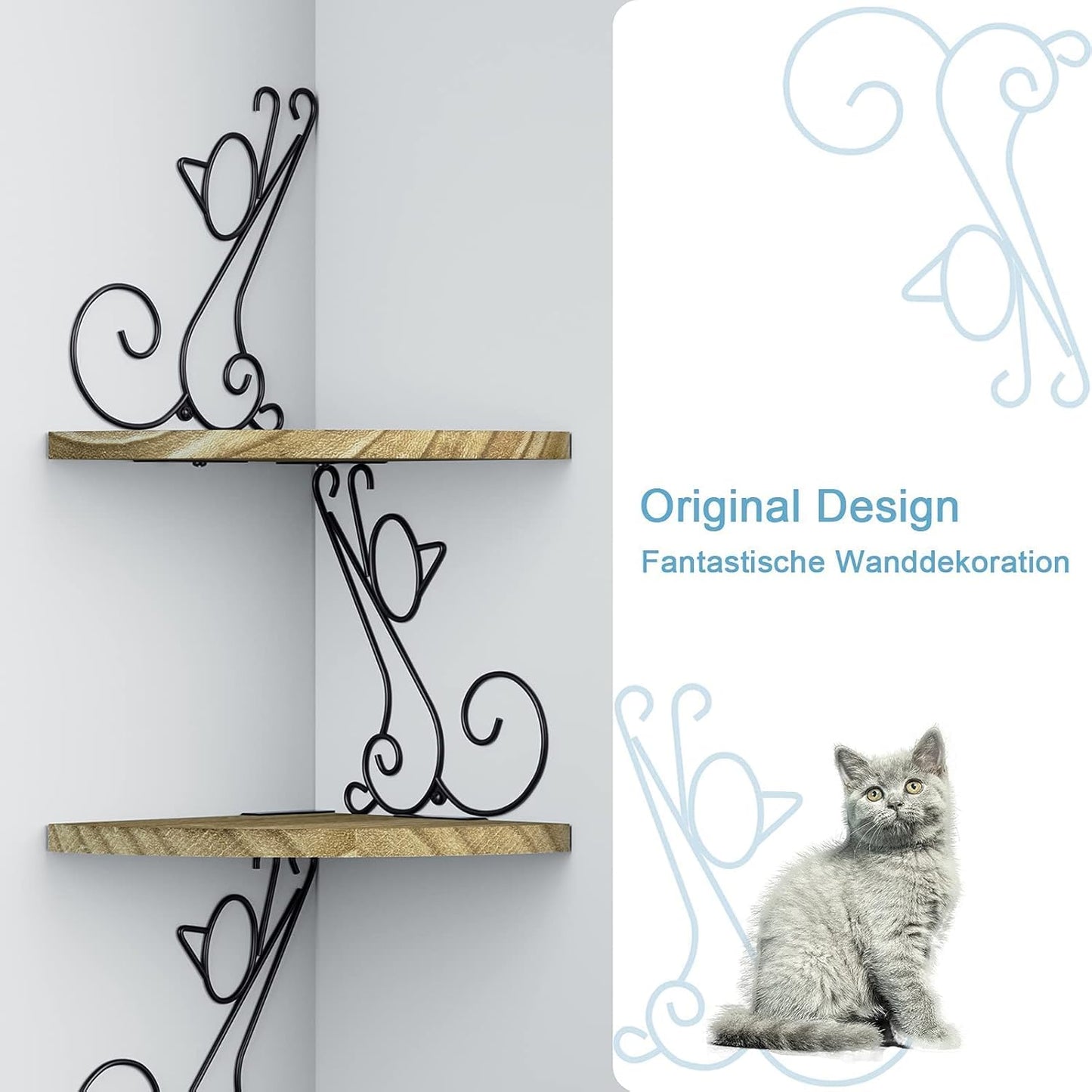 Alsonerbay Eckregal, Wandregal Vintage Aus Massivholz, Katzenform, Schweberegal Dekor Für Wohnzimmer Schlafzimmer Küche Büro, 4 Regalböden, Braun