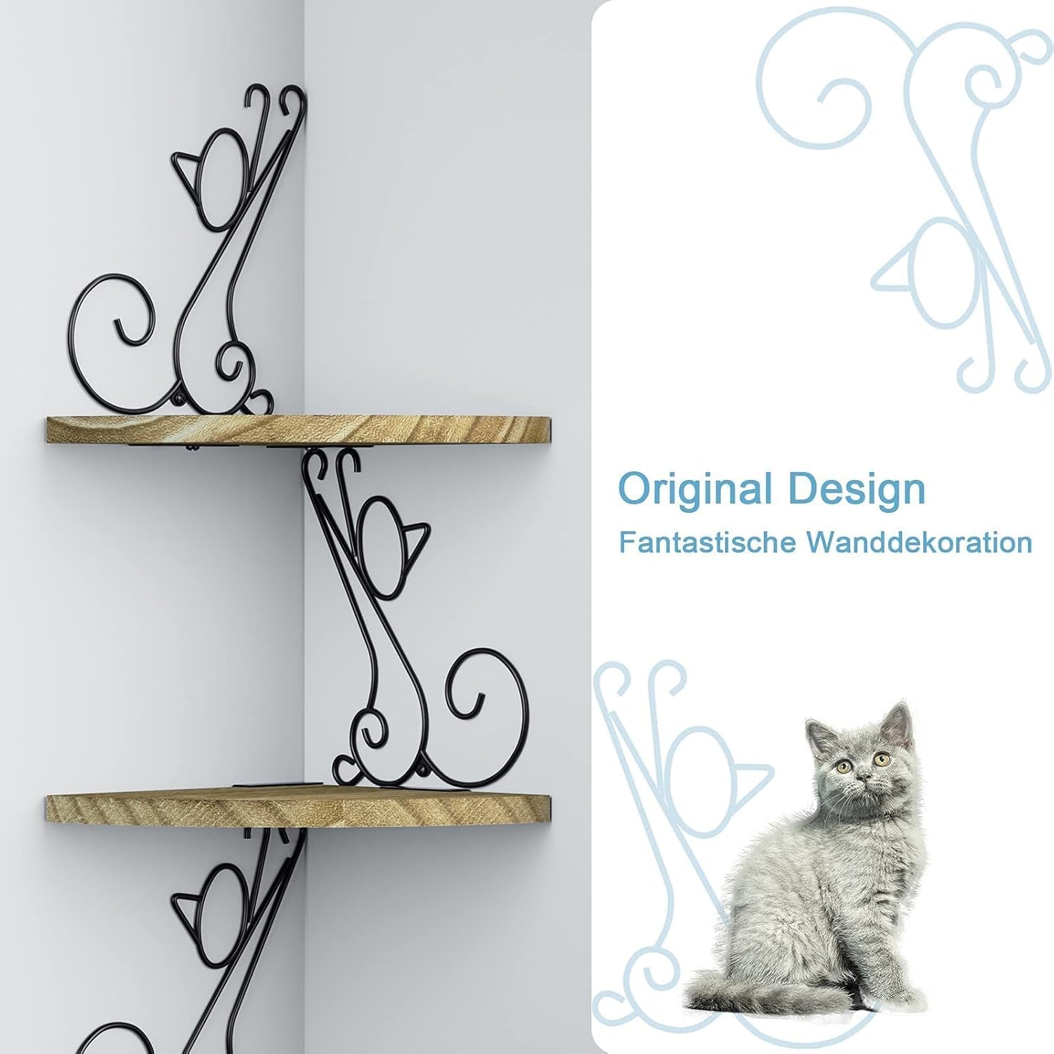 Alsonerbay Eckregal, Wandregal Vintage Aus Massivholz, Katzenform, Schweberegal Dekor Für Wohnzimmer Schlafzimmer Küche Büro, 4 Regalböden, Braun
