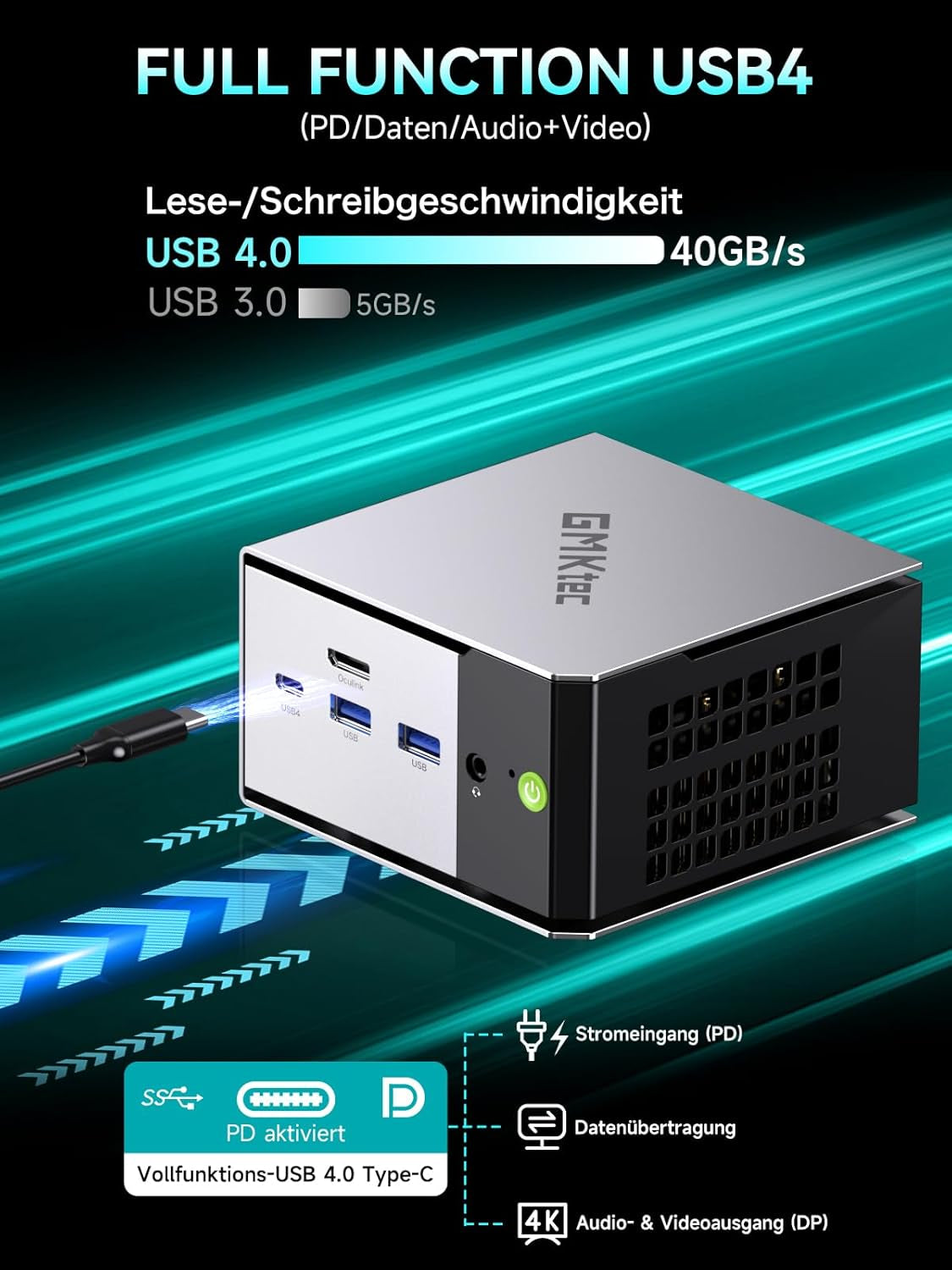 Gmktec AMD Mini Gaming PC Ryzen 5 Pro 6650H(Beats 5825U/7430U 6K/12T) Mini-Pc M8 16GB DDR5 6400, 1TB M.2 SSD, Mit Oculink|Dual 2.5G Lan|Wifi6E|Triple 8K Display, Micro PC Für Büro/Gaming/Zuhause