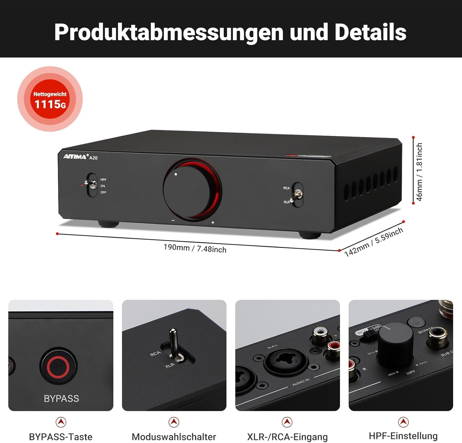 AIYIMA A20 Symmetrischer Stereoverstärker Mit Hpf-Einstellung Home Hifi 2.0/2.1 TPA3255 Desktop-Verstärker Der Klasse D PFFB Mit Cinch-/Xlr-Eingang Und 12-V-Trigger-Eingang Für Passive Lautsprecher