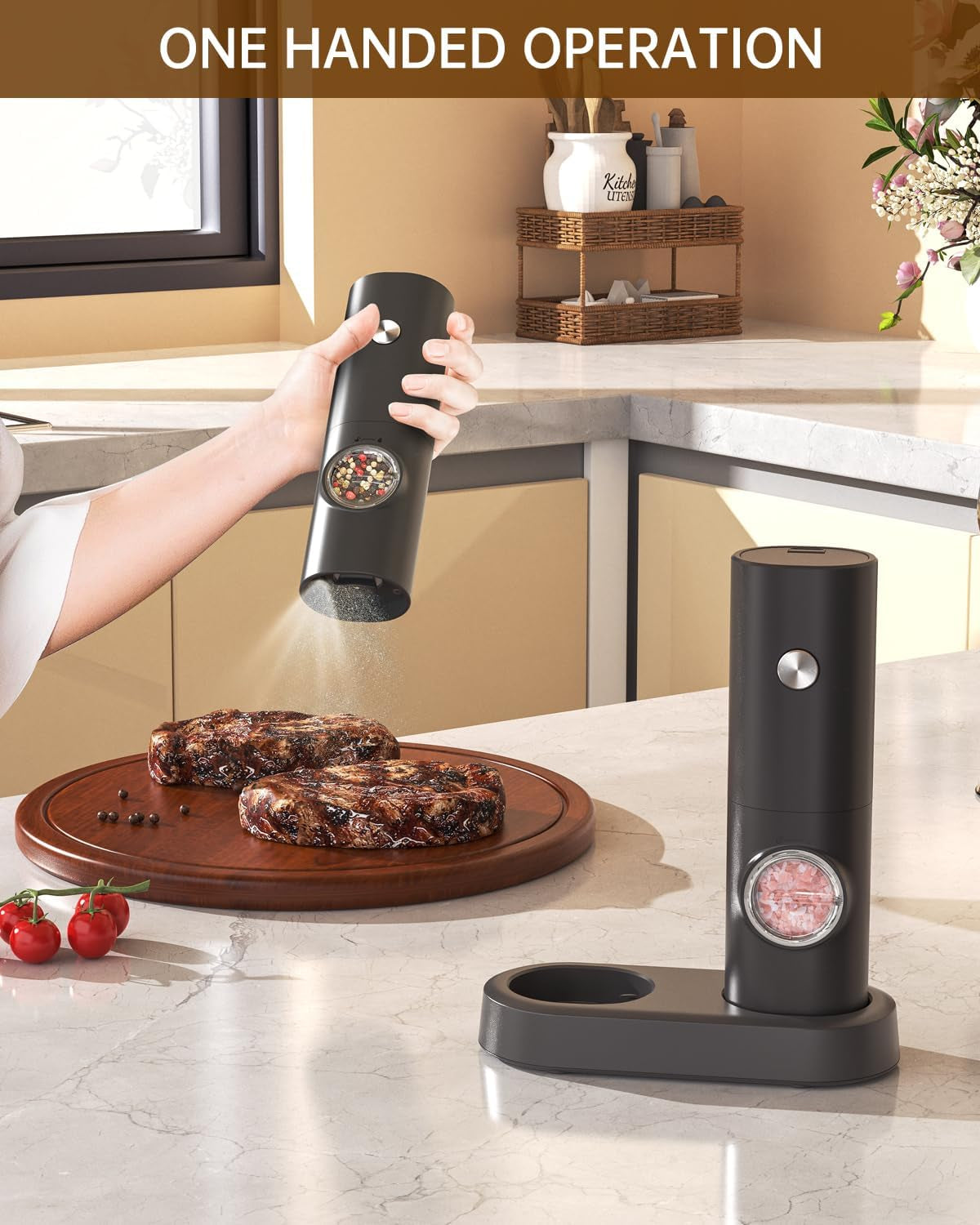 CIRCLE JOY Salz Und Pfeffermühlen Elektrische 2Er Set Batteriebetriebenen Gewürzmühle Mit Basis, Weißem Led-Licht Und Einstellbarer Grobheit, Schwarz