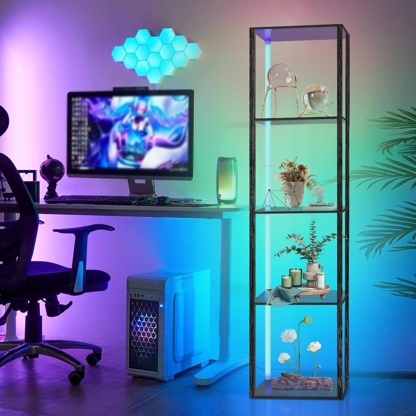 XIIW Bücherregal Mit Led-Beleuchtung, 5 Stufige Stehleuchte Mit Regal, Stehlampe Wohnzimmer Aus Holz Mit APP Und Fernbedienung, Standleuchte Eckregal Für Wohnzimmer, Schlafzimmer, Arbeitszimmer