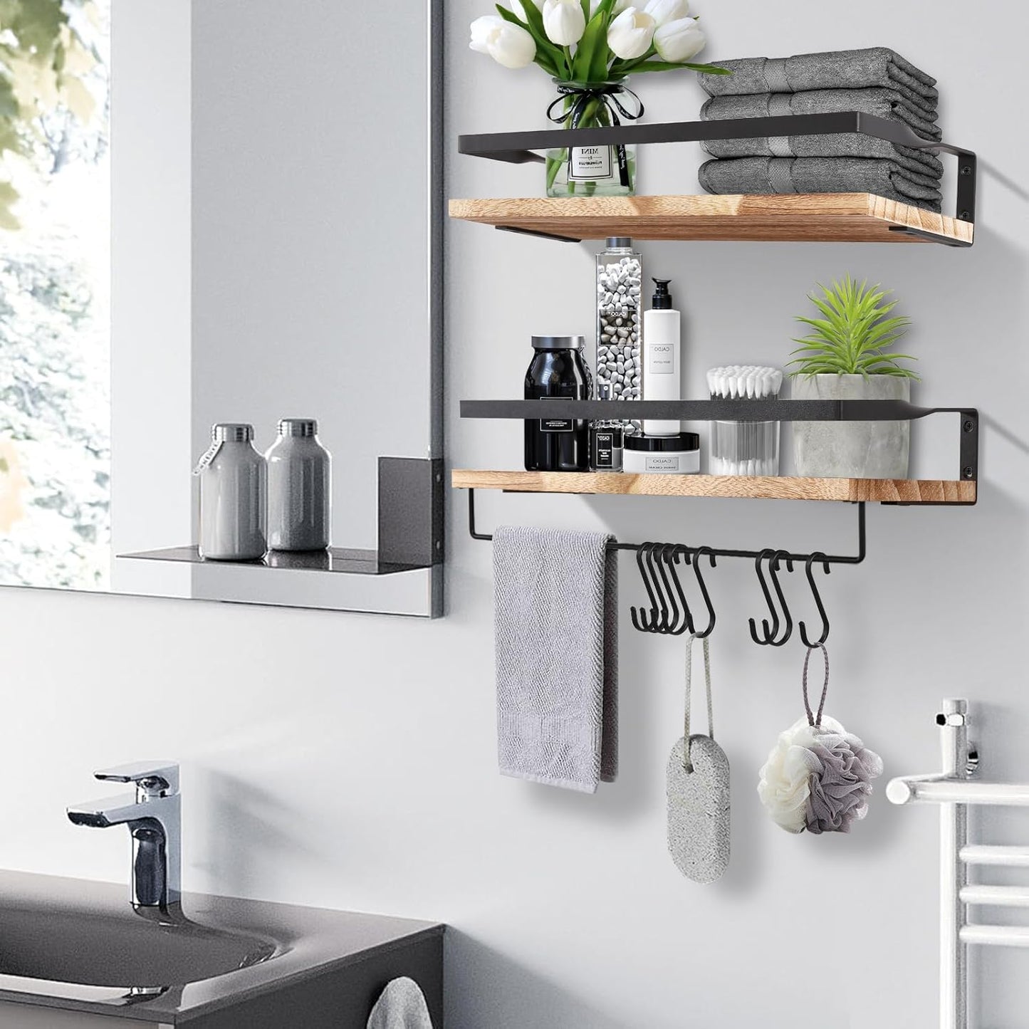 Uten Wandregal Holz, Schweberegal Rustikal Mit Handtuchhalter 2Er Set Hellbraun Für Schlafzimmer, Wohnzimmer, Badezimmer, Küche, Büro