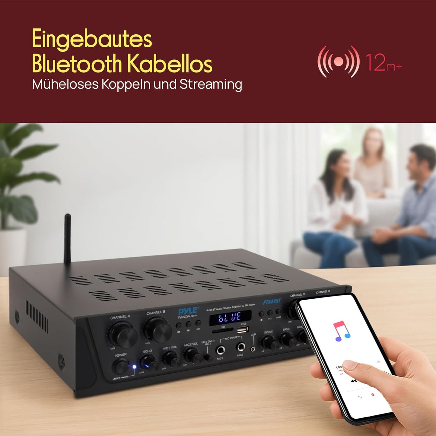 Pyle Bluetooth Stereo Verstärker 500 W – 4-Kanal Mini Receiver Mit USB, AUX, Fm-Radio, Subwoofer RCA & Mikrofoneingang Mit Echo Kabelloses Streaming, Für Heimkino, Studio & Pa-Anlage