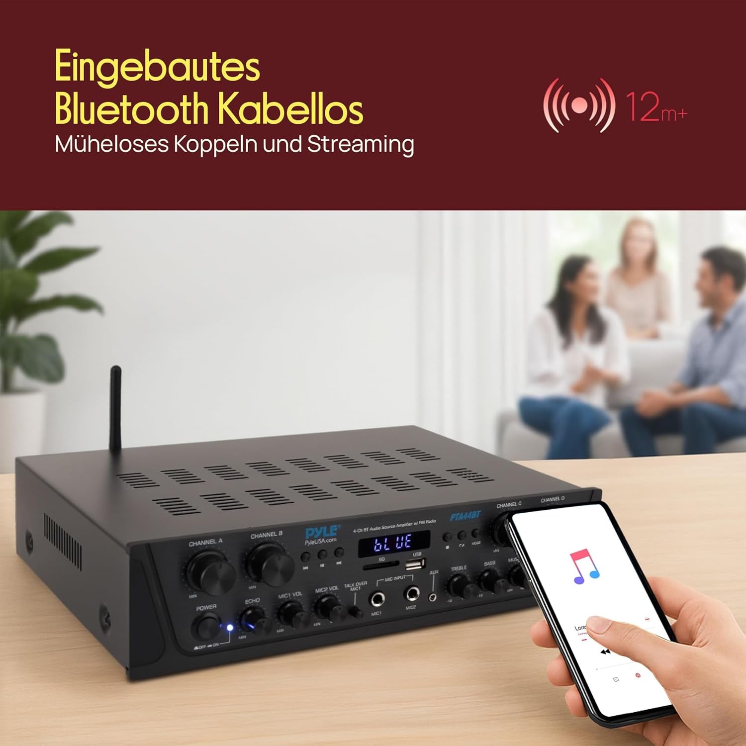 Pyle Bluetooth Stereo Verstärker 500 W – 4-Kanal Mini Receiver Mit USB, AUX, Fm-Radio, Subwoofer RCA & Mikrofoneingang Mit Echo Kabelloses Streaming, Für Heimkino, Studio & Pa-Anlage