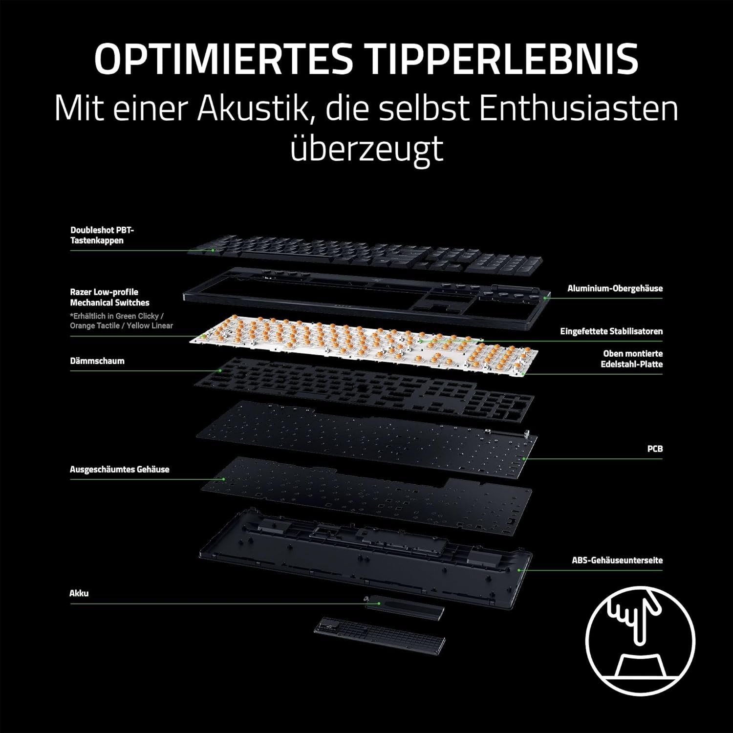 Razer Blackwidow V4 Low-Profile Hyperspeed - Kabellose, Flache Mechanische Gaming-Tastatur (Hyperspeed Wireless & BT, Multifunktionaler Drehregler & 11 Funktionstasten) Orange Switches | De-Layout