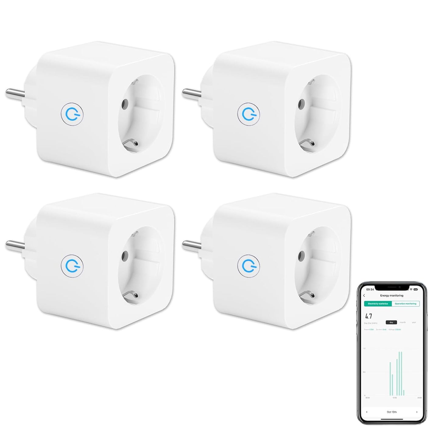 ANTELA WLAN Smart Steckdose 16A Stromverbrauch Messen Kompatibel Mit Alexa/Google Home, Kinderschutz, Smart Life APP, 2,4Ghz, 3680W, 4Pcs
