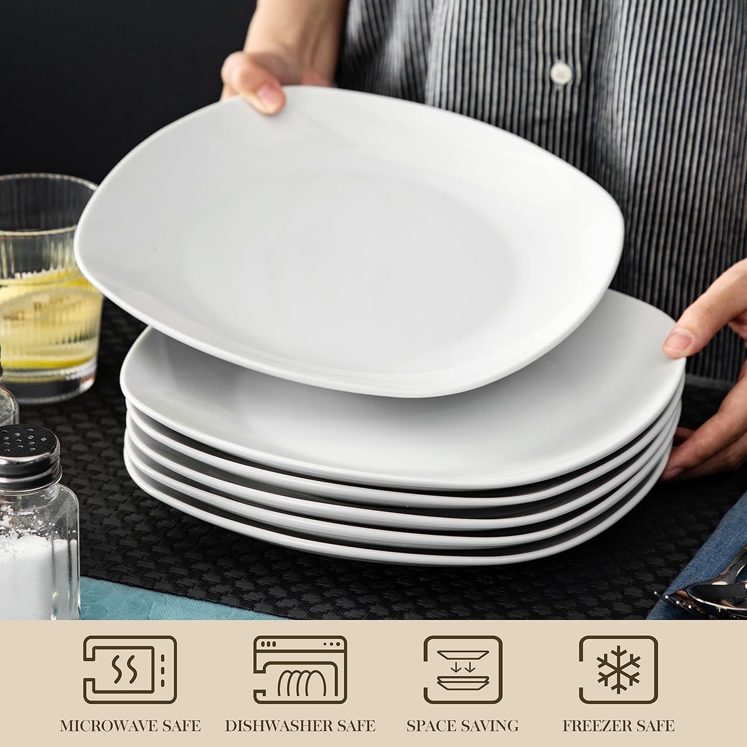 MALACASA, Serie Elisa, 6 TLG. Porzellan Tellerset Speiseteller Flache Teller Essteller Set Flachteller 24,8Cm Für 6 Personen