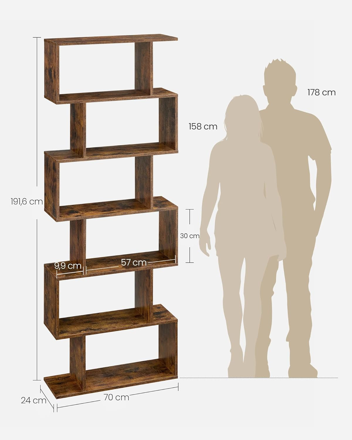 VASAGLE Bücherregal, Regal Mit 6 Ebenen, 24 X 70 X 191,6 Cm, Standregal, Büroregal, Freistehend, Dekoregal, Zur Präsentation, Modern, Für Wohnzimmer, Schlafzimmer, Büro, Vintagebraun LBC61BX