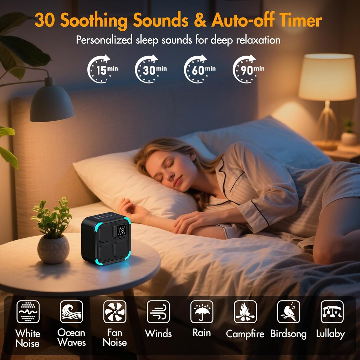 Bluetooth Lautsprecher Mit Wecker 30 Natural Sounds | 5-In-1: Nachtlicht, Tischuhr, Schlaf Timer, LED Lichtshow, Lange Akkulaufzeit, Geschenk Für Frauen Und Männer, Mädchen Und Junge