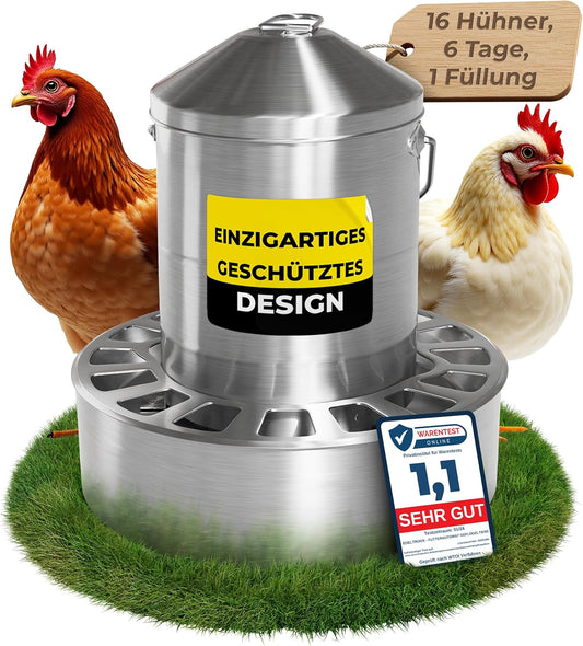 Edelstahl Futterautomat Hühner (4L / 8L / 12L Volumen) I Spart Bis Zu 40% Futter I Aufhängbar & Rattensicher I Abnehmbares Klick-Gitter I Spülmaschinengeeignet I Frei Von Scharfen Kanten