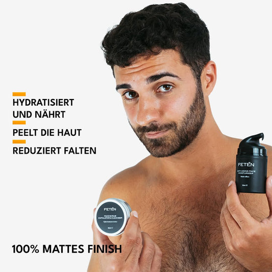 FETEN Anti-Unvollkommenheitsset Für Herren, Gesichtspeeling + Feuchtigkeitscreme, Anti-Falten-Matteffekt, Gesichtsbehandlung Für Männer, Geschenkset