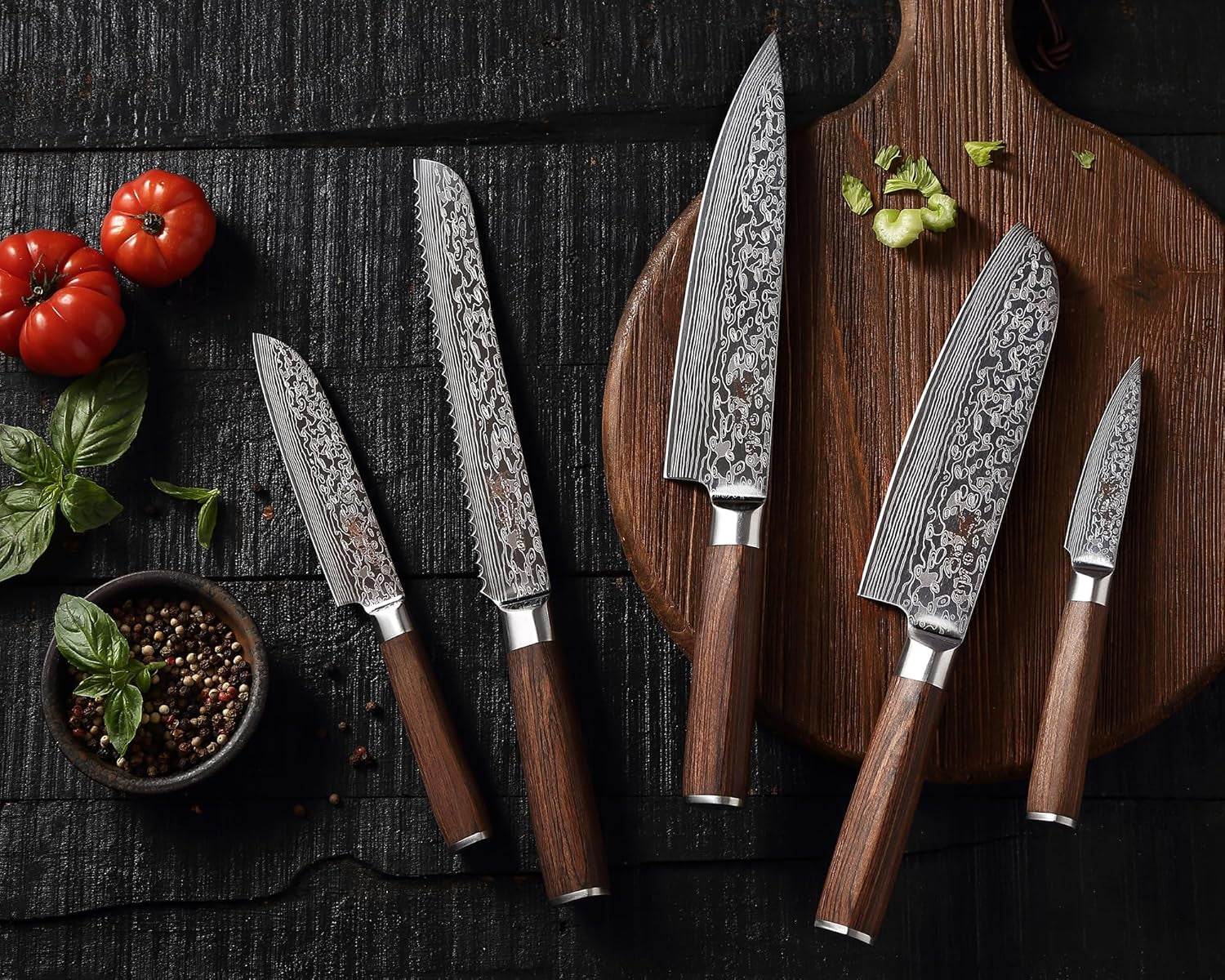 5-Teiliges Edelstahl Küchenmesser Set Mit Damast Optik Inklusive Magnetischem Messerblock I 5 Küchenmesser Mit Pakkaholzgriff Im Set I Messerset Mit Block Aus Akazienholz