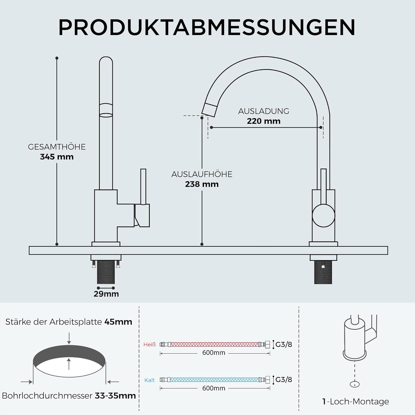 FORIOUS Wasserhahn Küche, Mischbatterie Armatur, Edelstahl, 360° Schwenkbar, Einhebel-Warm- Und Küchenarmatur, Edelstahl, Auslaufhöhe 238 Mm, Fingerzug