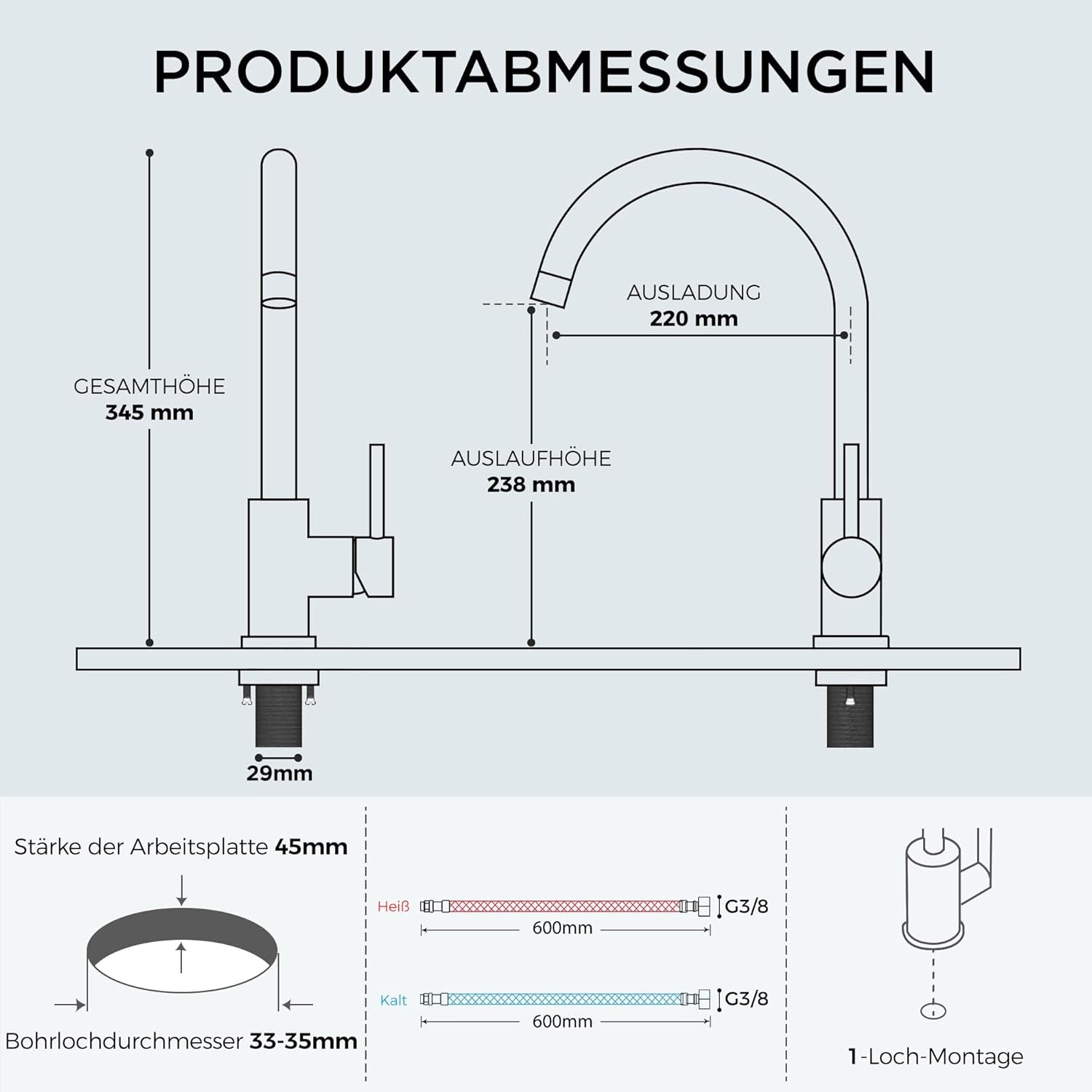 FORIOUS Wasserhahn Küche, Mischbatterie Armatur, Edelstahl, 360° Schwenkbar, Einhebel-Warm- Und Küchenarmatur, Edelstahl, Auslaufhöhe 238 Mm, Fingerzug
