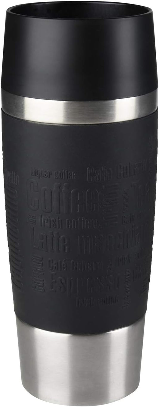 Emsa Travel Mug Classic Thermobecher, 360 Ml, Isolierbecher Hält 4H Heiß, 8H Kalt, 100 Prozent Dicht, Auslaufsicher, Quick-Press-Verschluss, 360 Grad-Trinköffnung, Kaffeebecher to Go, Schwarz, 513361