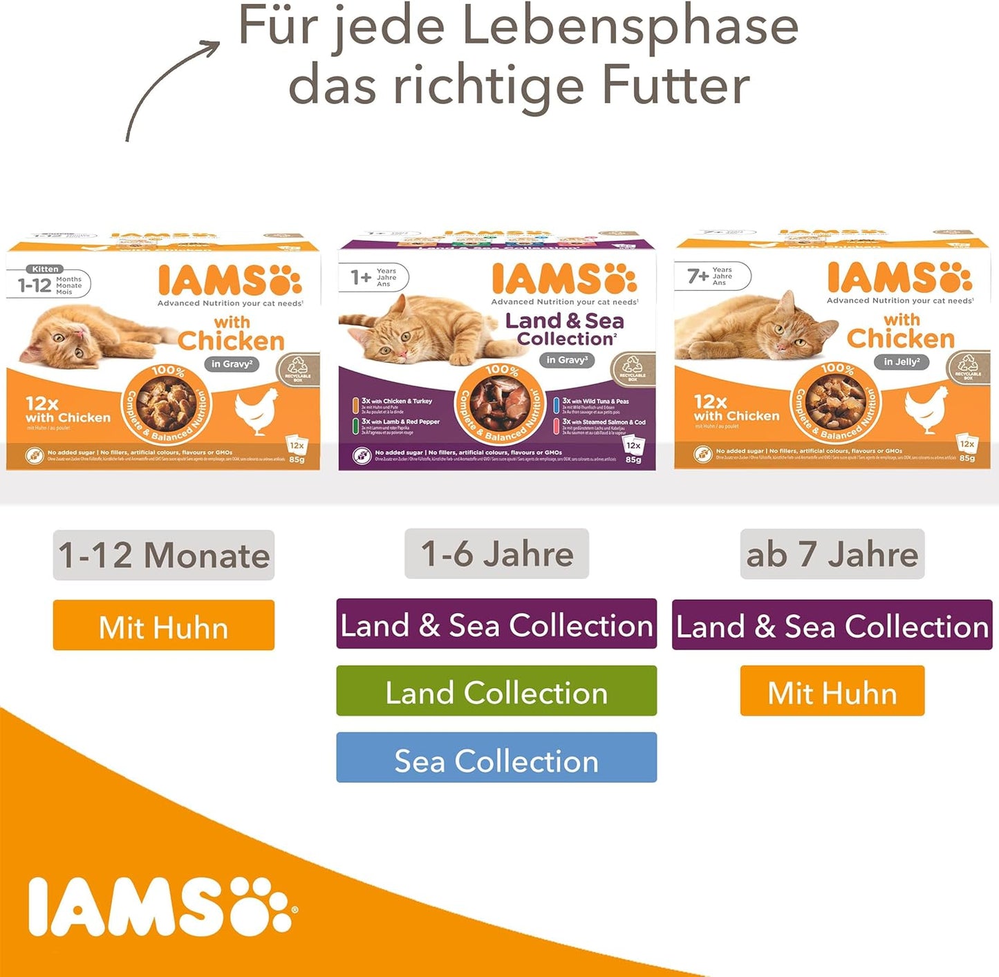 IAMS Delights Land & Sea Collection Katzenfutter Nass - Multipack Mit Fleisch Und Fisch Sorten in Sauce, Nassfutter Für Katzen Ab 1 Jahr, 72 X 85 G