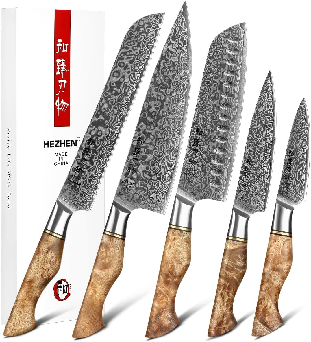 HEZHEN Damast Messer Set 5PCS, Japanischen Stil Damaskus Stahl Küchenmesser Santoku, Brot Universalmesser Schälmesser, Holzgriff