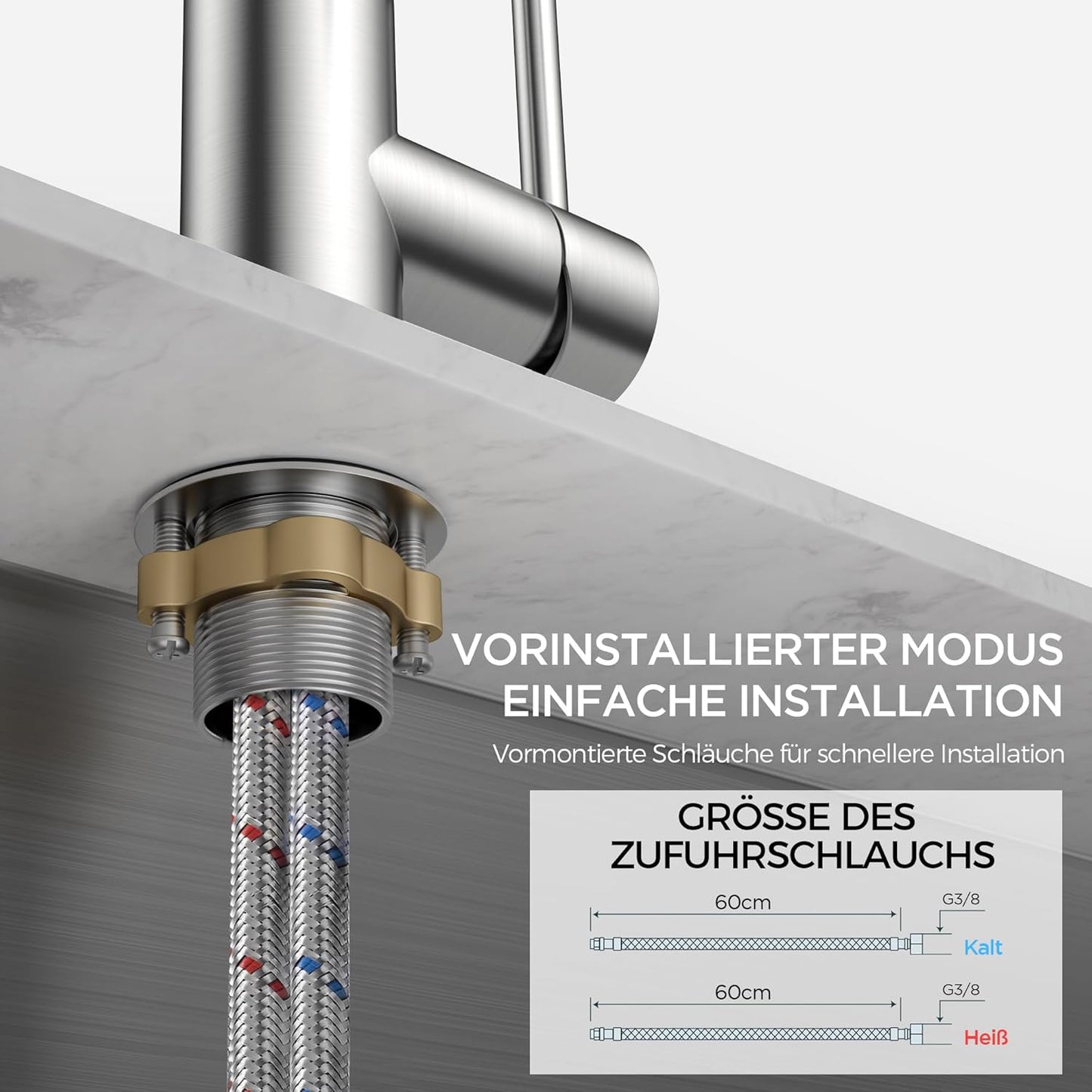FORIOUS Wasserhahn Küche, Mischbatterie Armatur, Edelstahl, 360° Schwenkbar, Einhebel-Warm- Und Küchenarmatur, Edelstahl, Auslaufhöhe 238 Mm, Fingerzug