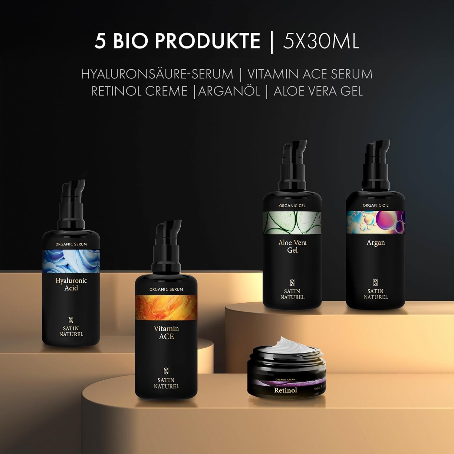 Satin Naturel Valentinstag Geschenkset Für Sie – Skincare Routine Mit Aloe Vera Gel, Arganöl, Vitamin C Serum, Hyaluron Serum & Retinol Creme – Vegan in Luxus Geschenkbox - Premium Edition