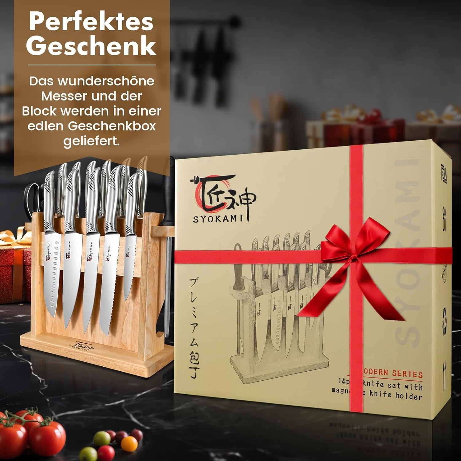 Japanisches Küchenmesser Set, Magnetisches Messer Set Mit Block Und Schärfer, Edelstahl-Messerset Als Geschenk Für Paare, Hochzeiten, Frauen Oder Mütter, Inklusive Geschenkbox, 14-Teilig, Black Dot